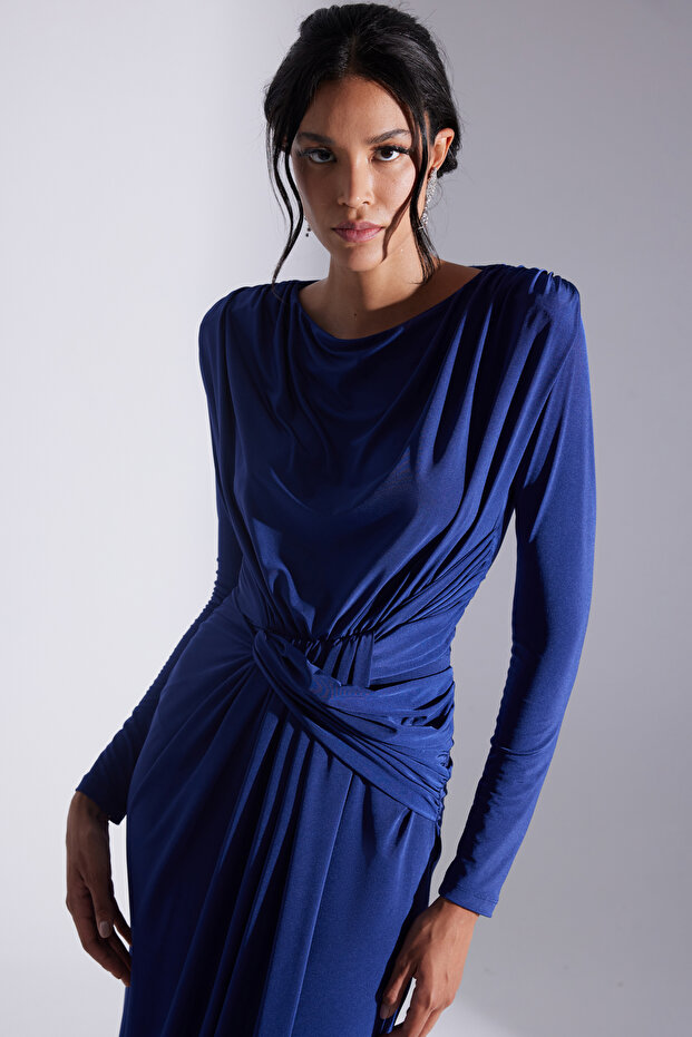 HAILEY SİYAH DRAPELİ UZUN ELBİSE - 1