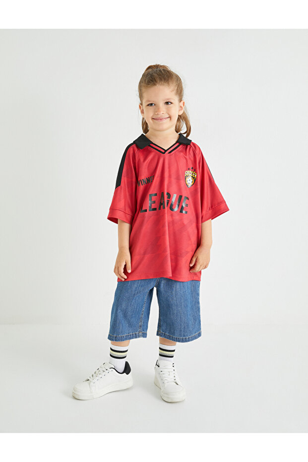 Sports Printed Oversize T-Shirt - Short Sleeve, Polo Collar
