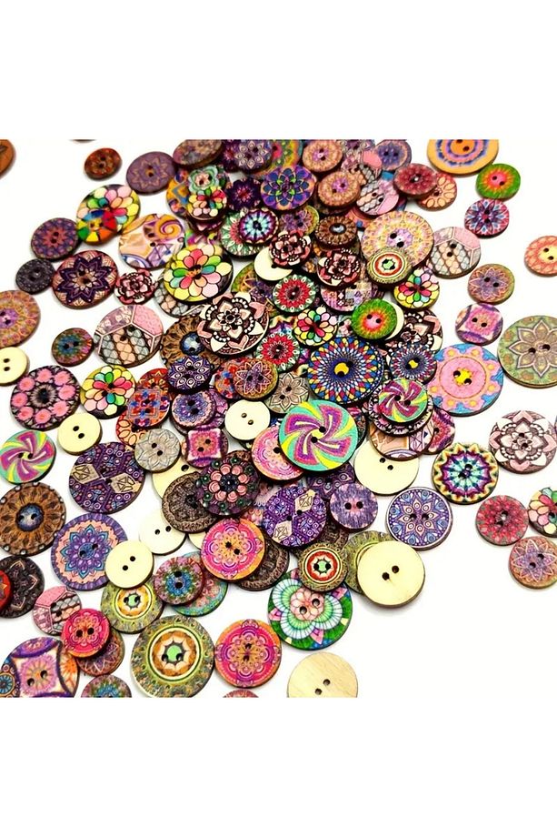 20 Adet 20 Mm Yuvarlak Ahşap Retro Etnik Desen Düğme - 7