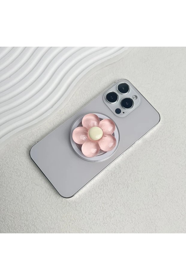 Pink Magnetic Cute Floral Retractable Grip for Magsafe IPhone Transparent Resin Candy-Colored Flower