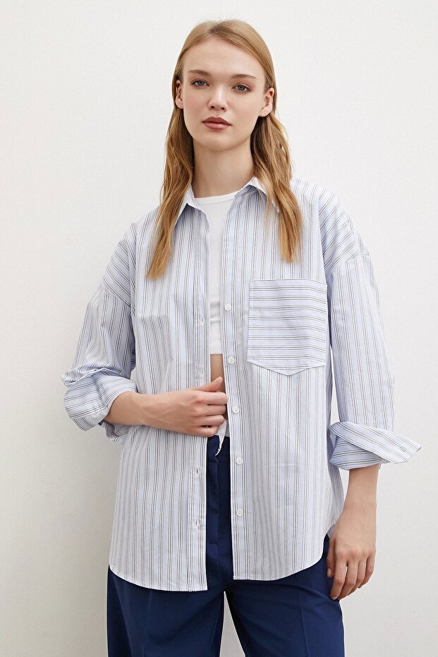 Tek Cepli Poplin Gömlek Mavi - 1