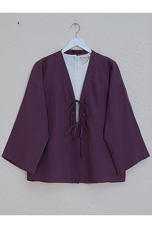 Önü Çift Bağcıklı Pantolonlu Krınkıl Takım -Mürdüm - 2