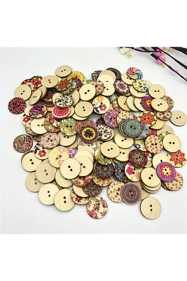 20 Adet 20 Mm Yuvarlak Ahşap Retro Etnik Desen Düğme - 8