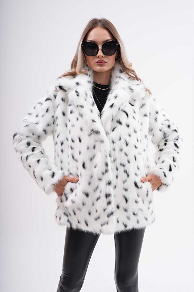 سترة فرو منقوشة بنقشة الفهد - ياقة ثلجية - 5