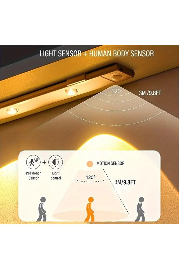 Şarjlı Hareket Sensörlü LED Şerit Çift Modlu Işık Yatak Odası Banyo Mutfak Çalışma Odası Aydınlatma - 3
