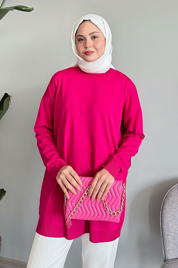 Yırtmaçlı Basic Fuşya Triko Tunik - 3