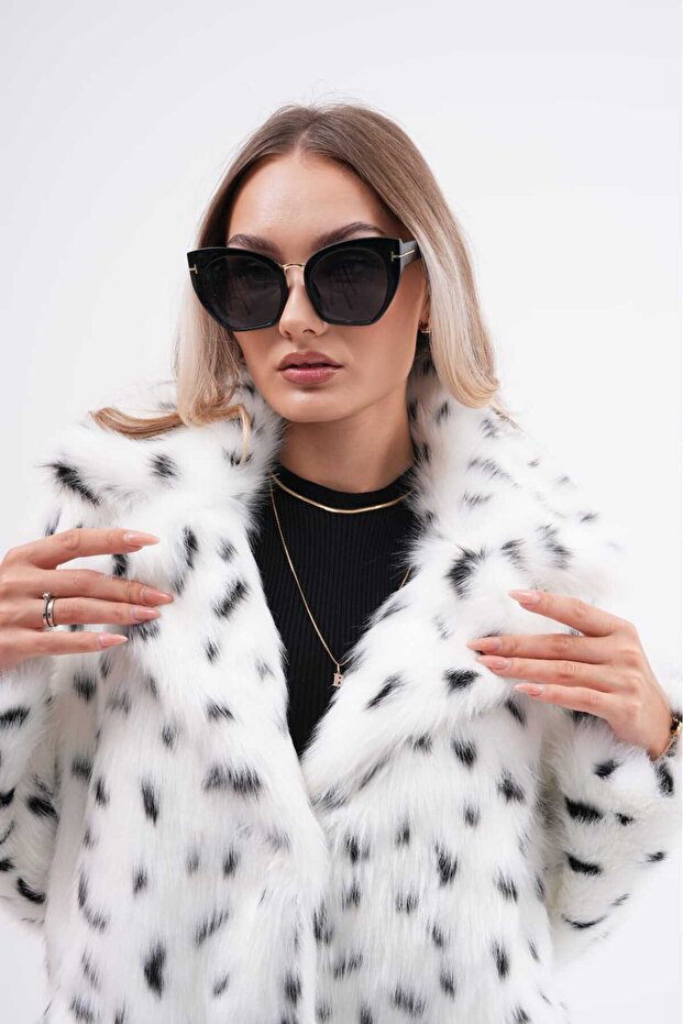 سترة فرو منقوشة بنقشة الفهد - ياقة ثلجية - 4