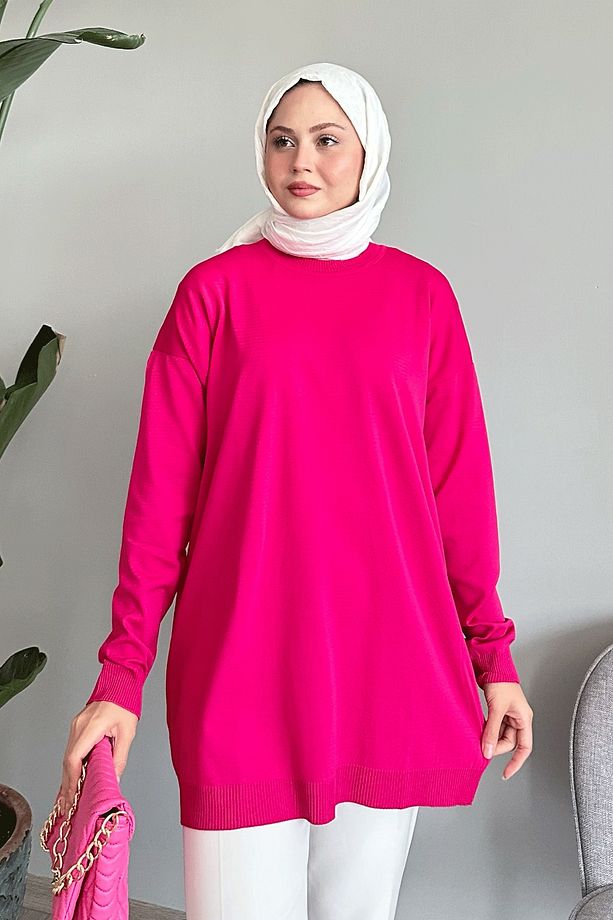 Yırtmaçlı Basic Fuşya Triko Tunik - 4