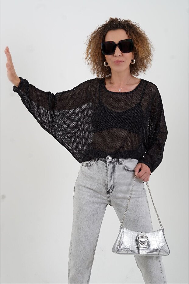 Black Silver Glitter Mesh Blouse
