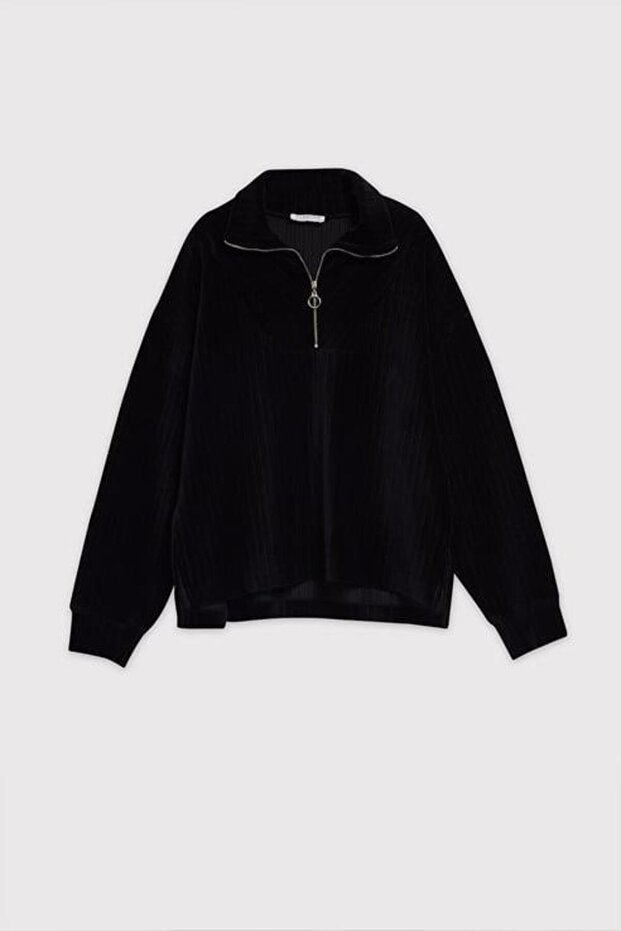 Dik Yaka Fermuarlı Kadife Sweatshirt - 1