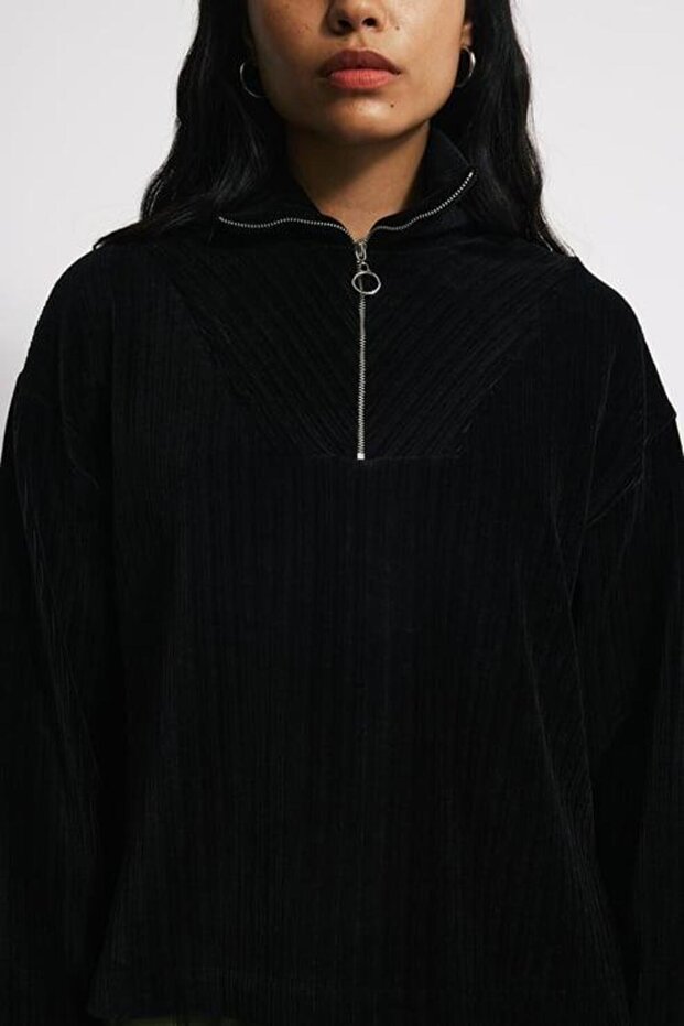 Dik Yaka Fermuarlı Kadife Sweatshirt - 5