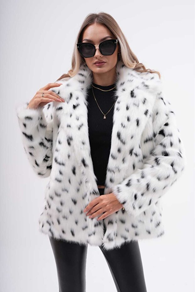 سترة فرو منقوشة بنقشة الفهد - ياقة ثلجية - 1