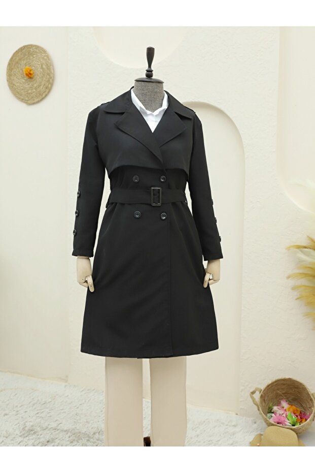Inner Lined Buttoned Belted Trench Coat - 3