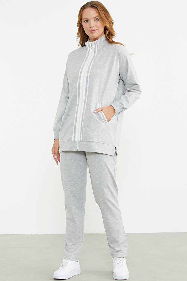 Zippered High Collar Tunic Tracksuit Set - Gray