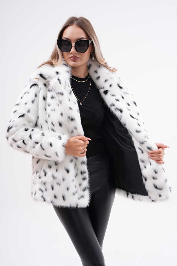 سترة فرو منقوشة بنقشة الفهد - ياقة ثلجية - 7