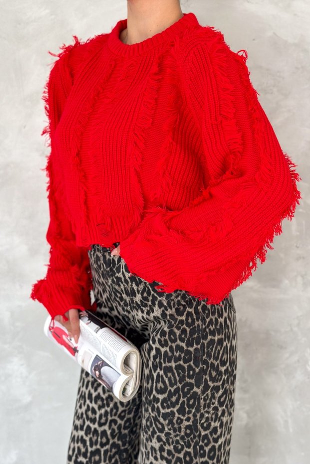 Women's Red Standard Size Ripped Detailed Tasseled Knitwear Sweater