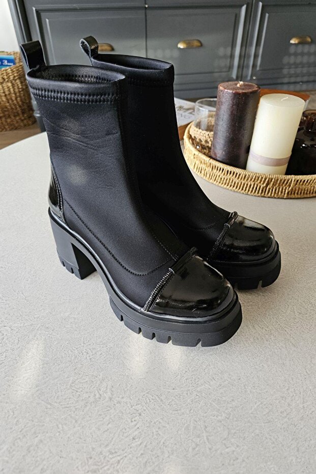 022 2416 Topukla Kadın Steç Dalgıç Kumaş Hakiki Deri 6 cm Platform Topuklu Bot - 4