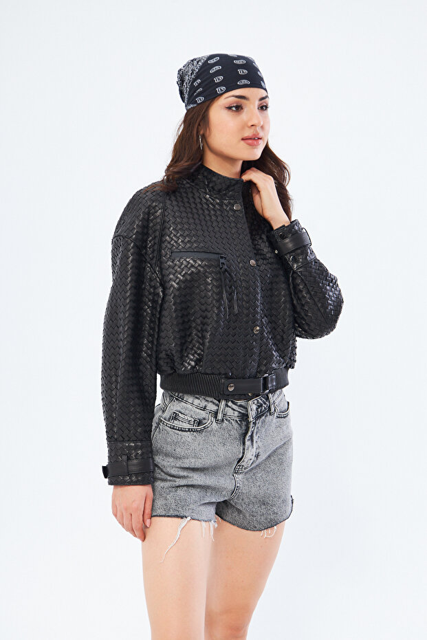 Oversize Deri Örme Biker Deri Ceket - 5