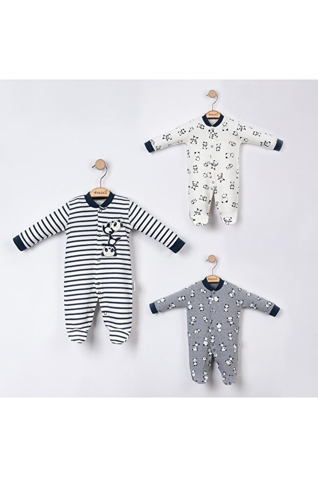 Panda Printed Striped Snap-On Baby Boy Jumpsuit with Triple Booties Gray Melange