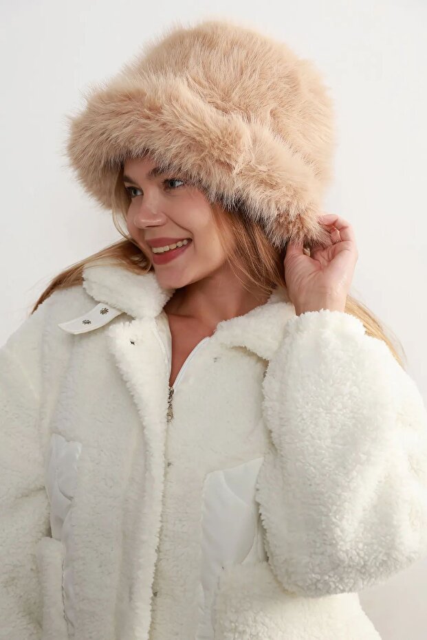 Women's Fur Bucket Kalpak Hat Rkş-15 Camel