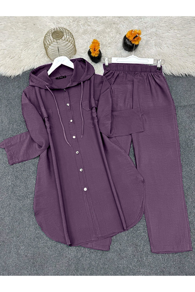 Metal Button Hooded Pants Two-Piece Set - Plum