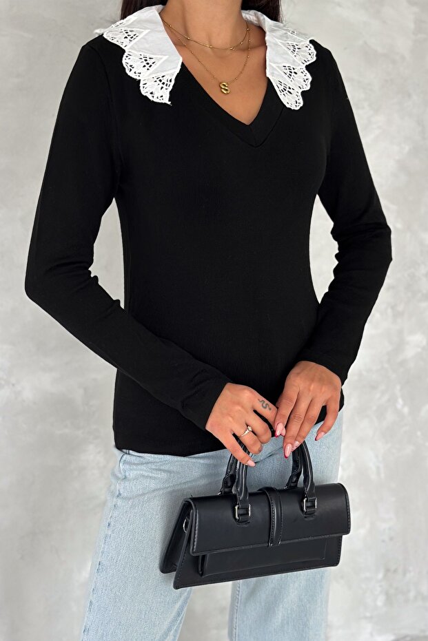 Kadın Siyah Gömlek Yaka Basic Bluz - 2