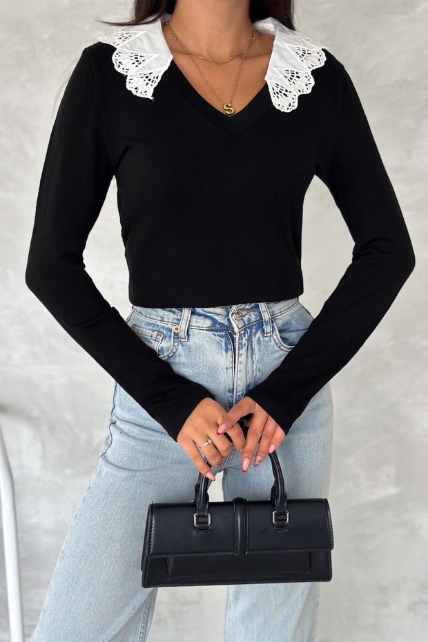 Kadın Siyah Gömlek Yaka Basic Bluz - 4