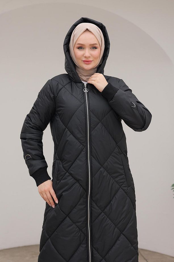 Trend Boydan Fermuarlı Şişme Kapitone Desenli Mont Siyah 24kt710 - 8
