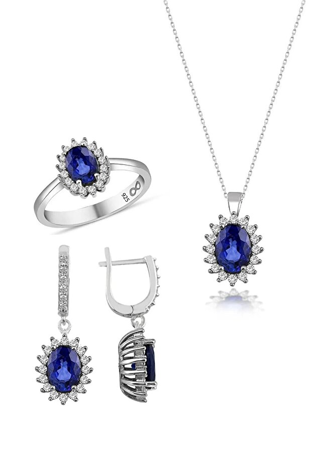 Pırlanta Kalıbından Safir Taşlı Anturaj Takı Seti - 1