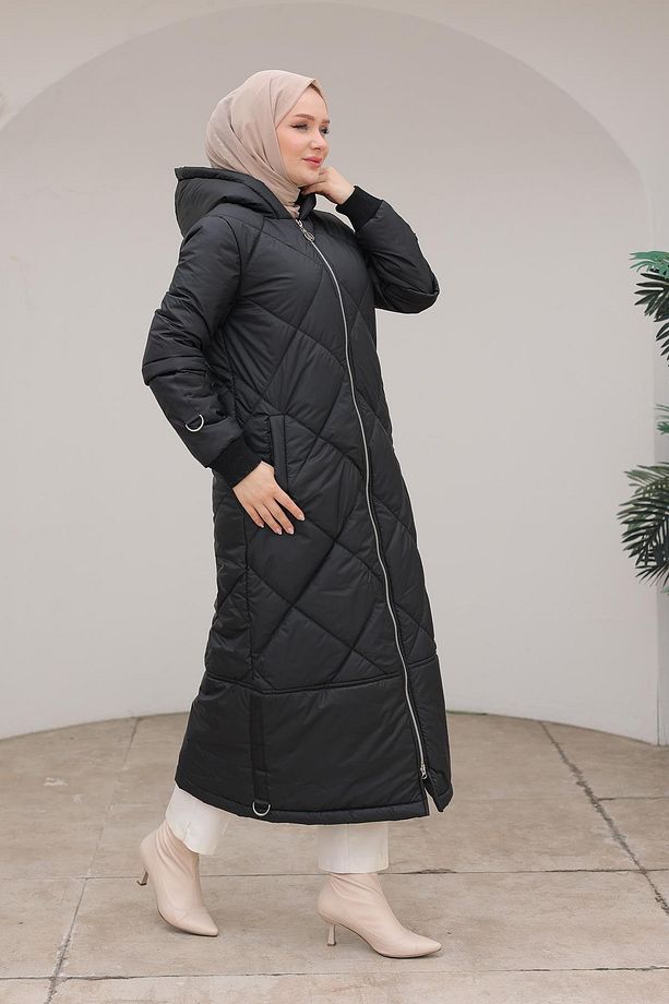 Trend Boydan Fermuarlı Şişme Kapitone Desenli Mont Siyah 24kt710 - 3