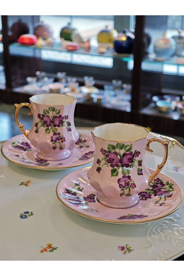 El Boyaması Porselen 2li Set Hanımeli Kahve Fincan Takımı-pembe - 1