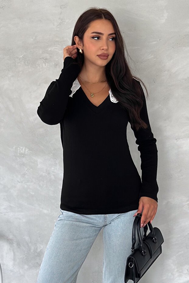 Kadın Siyah Gömlek Yaka Basic Bluz - 6
