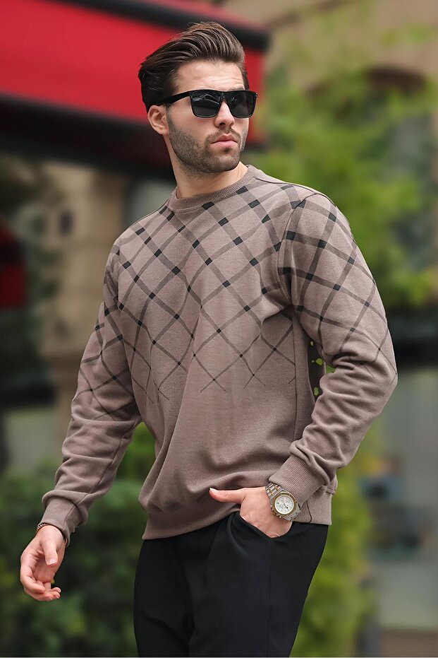 Kamel gemusterter Strickpullover mit Rundhalsausschnitt 6019 - 3