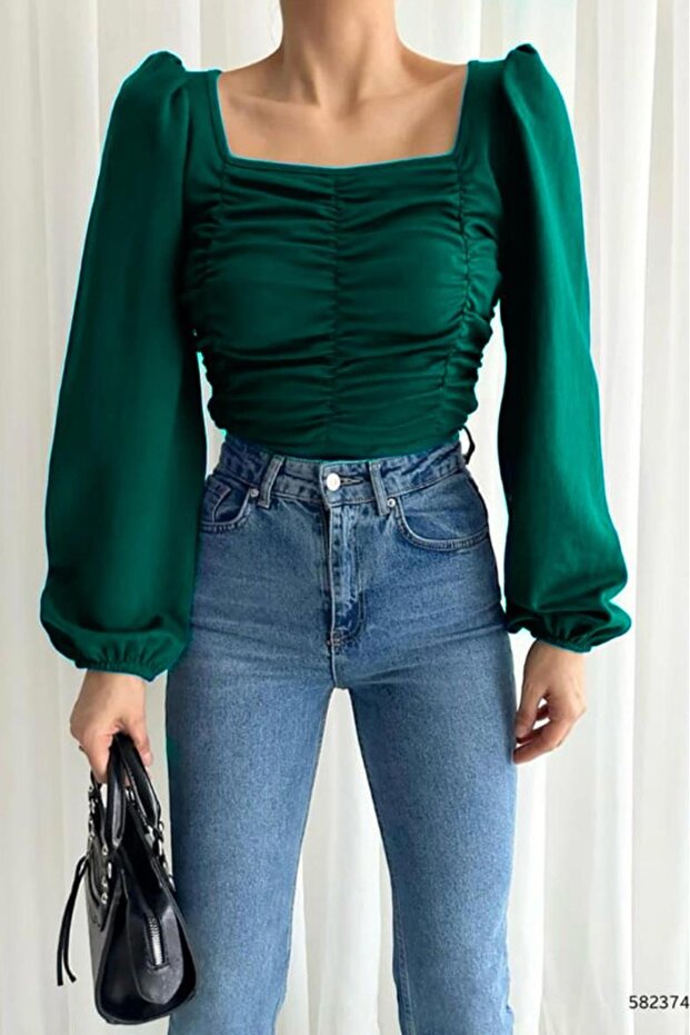 Emerald Green Front Drape Detail Crepe Fabric Long Sleeve Blouse