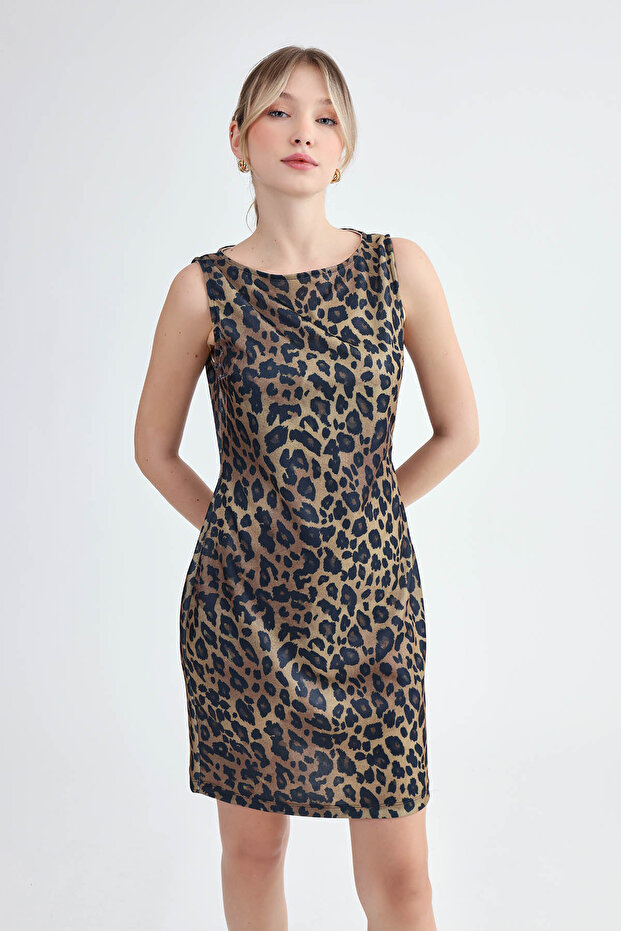 Sıfır Kol Leopar Desen Elbise - 2