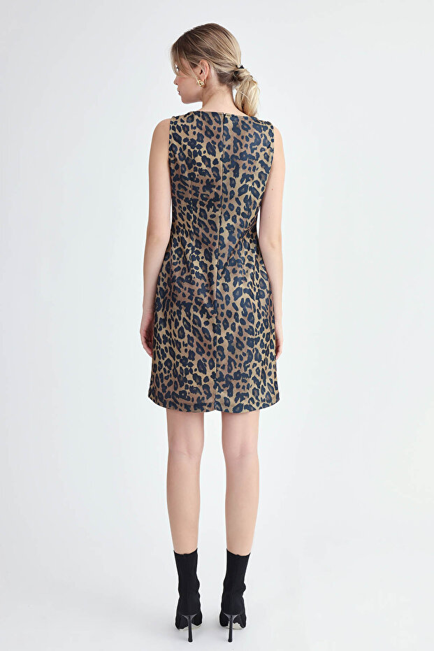 Sıfır Kol Leopar Desen Elbise - 5