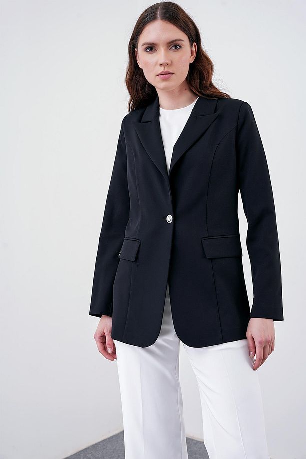 Kruvaze Yaka Tek Düğmeli Siyah Blazer Ceket C-0070 - 4