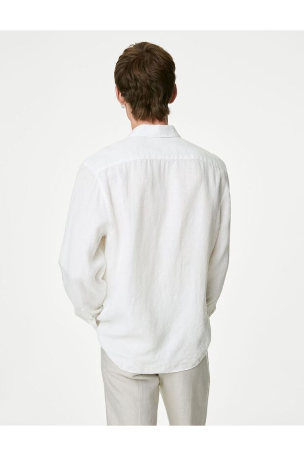 Regular Fit Uzun Kollu Saf Keten Gömlek - 8