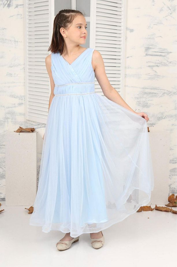 Çocuk Sade Model Açık Mavi Uzun Abiye Elbise - 7