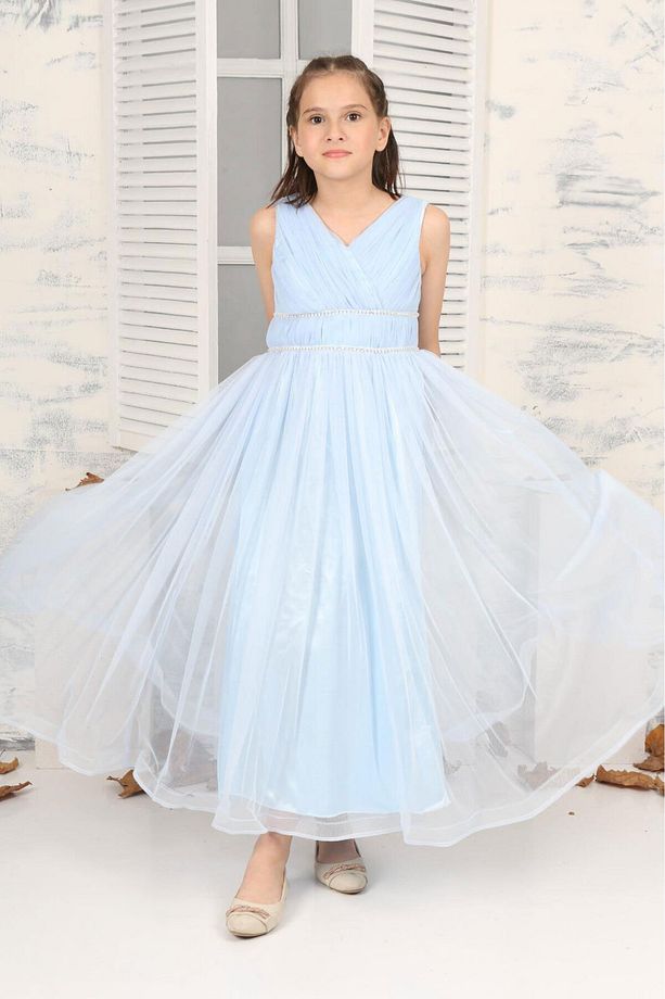 Çocuk Sade Model Açık Mavi Uzun Abiye Elbise - 5