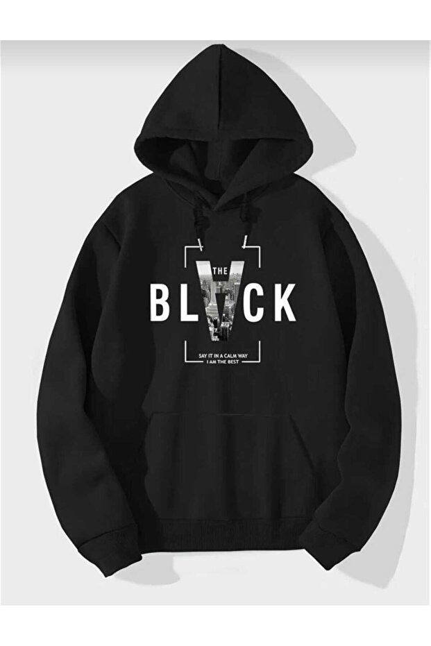 Unisex Black Printed Hooded Oversize Sweatshirt