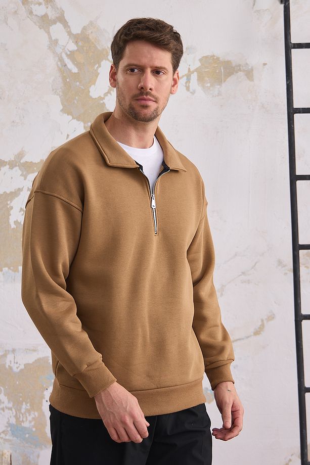 Erkek Yarım Fermuar Regular Fit Sweatshirt KARAMEL - 8