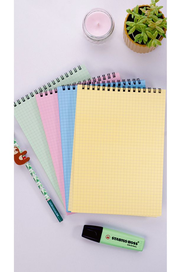A5 Spiralli Okul Defteri 50 Yaprak 100 Sayfa 4'lü Set Kareli Defter Bloknot Defter Renkli Defter - 7