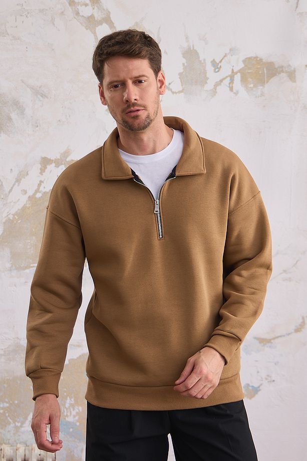 Erkek Yarım Fermuar Regular Fit Sweatshirt KARAMEL - 1