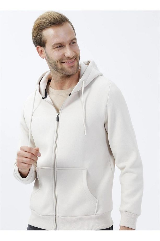 Süvari Kapüşonlu Fermuarlı Yaka Regular Kalıp Düz Ekru Sweatshirt - 2