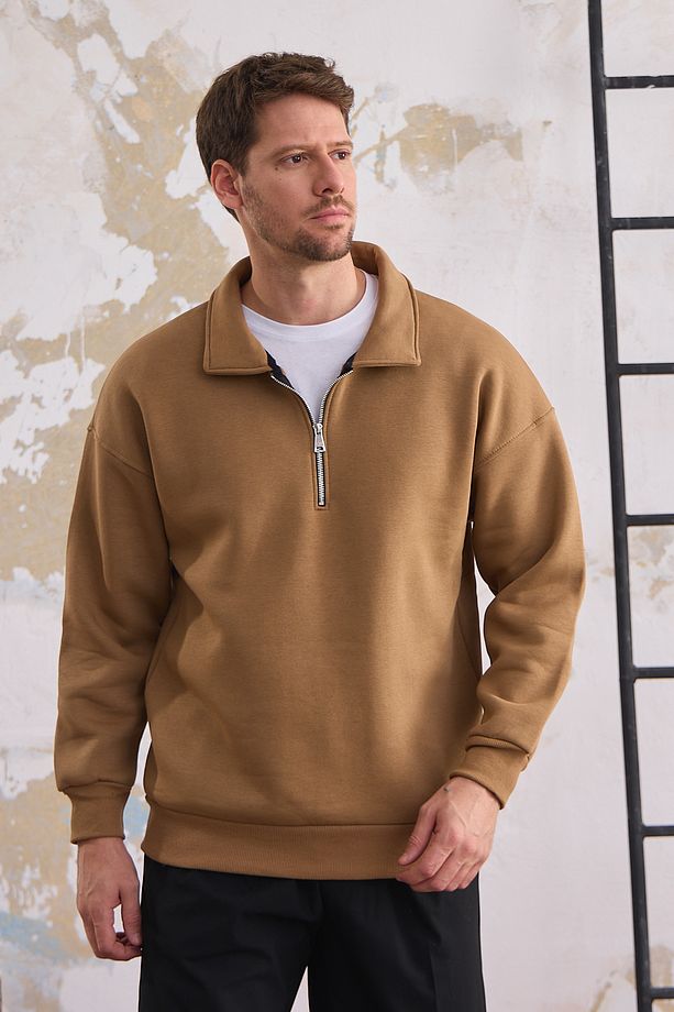 Erkek Yarım Fermuar Regular Fit Sweatshirt KARAMEL - 6