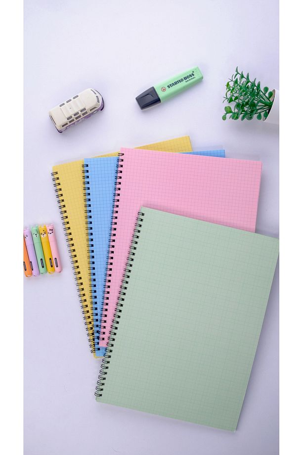 A4 Spiralli Okul Defteri 50 Yaprak 100 Sayfa 4'lü Set - Kareli Defter - Renkli Defter - 7