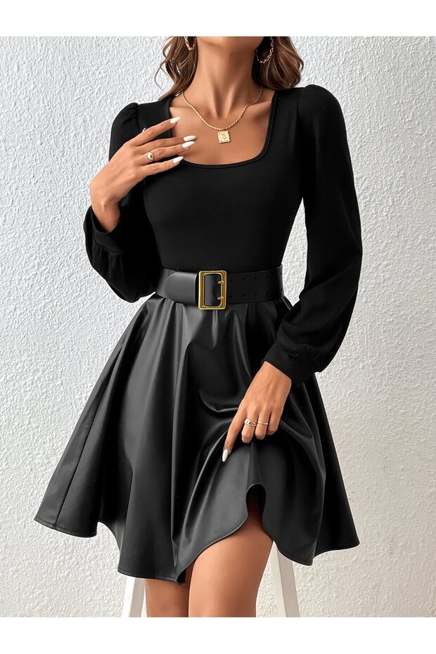 Stylish Long Sleeve Blouse with Leather and Rib Top (No Belt)