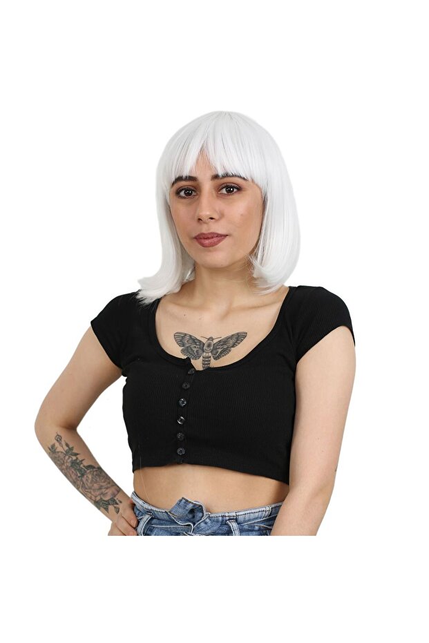 شعر مستعار من الألياف مع غرة مفرودة / أبيض - 1