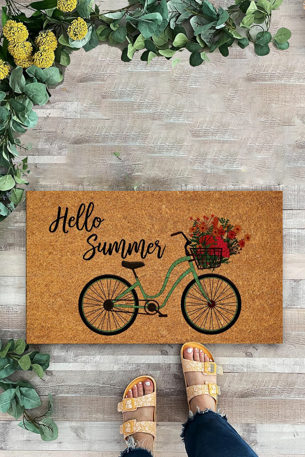 Hello Summer Mat, Bicycle Patterned Mat, Interior and Exterior Door Mat